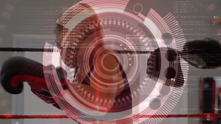 Animazione di elaborazione dati con un'atleta pugile che sferra un calcio
