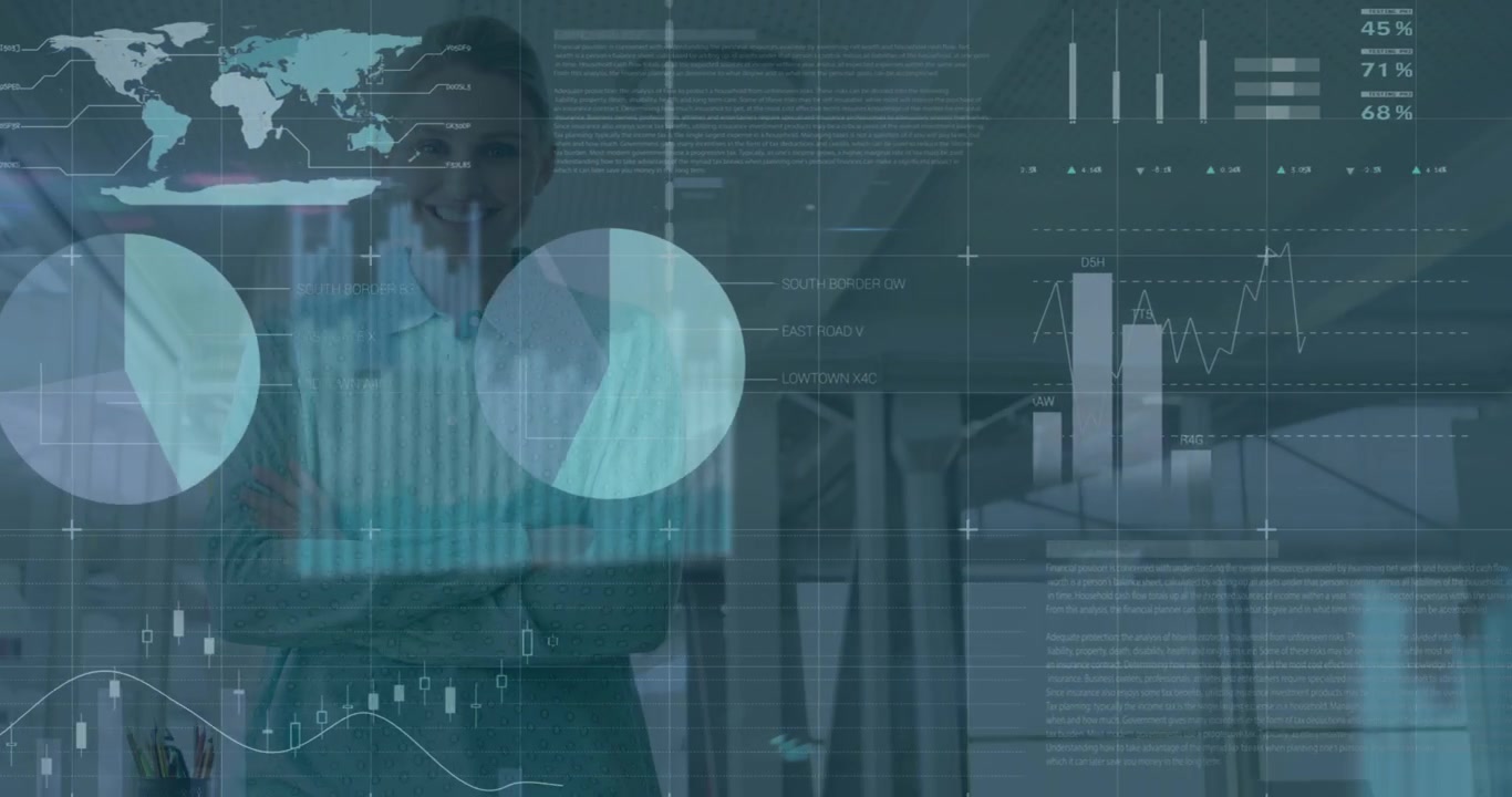 Animation of data processing over caucasian businesswoman