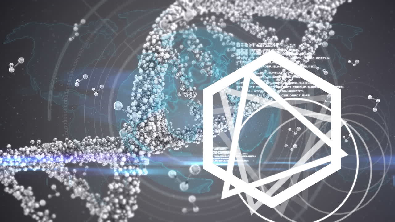 dna, 분자, 삼각형의 애니메이션과 회색 배경의 데이터 처리