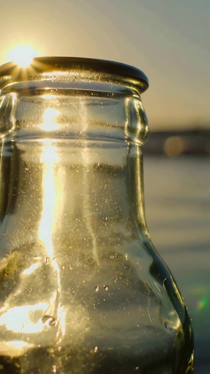 Vertical video: Catching glass bottle showing flare on wet sand while sun moving in, with droplets