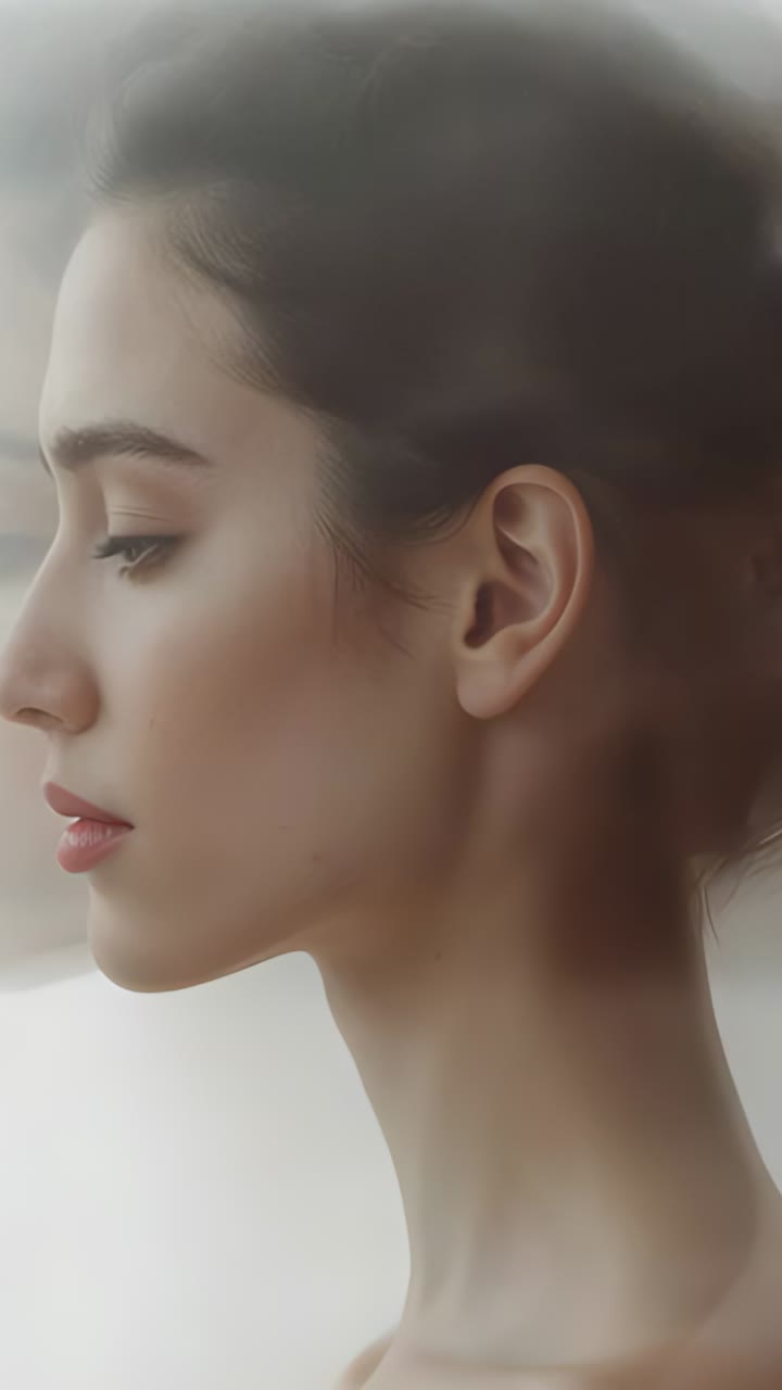 Vertical video: Shifting light and airflow causing hair waving on studio model profile, copy space