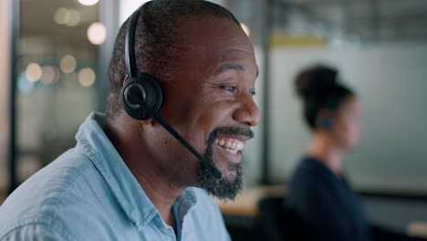 black man, face and call center with communication
