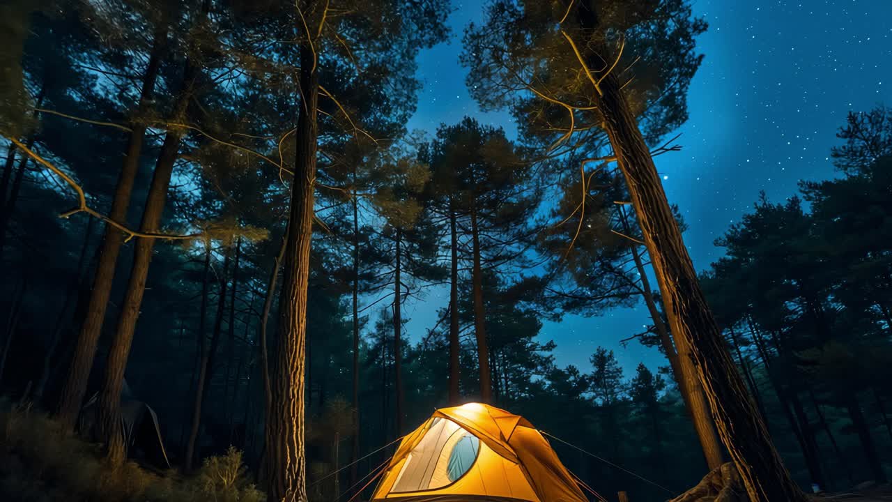Illuminated tent glowing amidst a stunning starry night sky, nestled in a tranquil pine forest, offering a magical and serene camping experience in the heart of nature