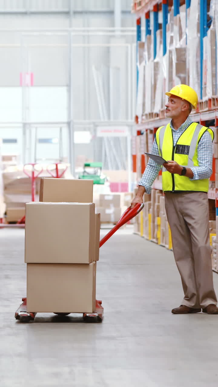 trabajador de almacén que utiliza una tableta digital mientras revisa paquetes