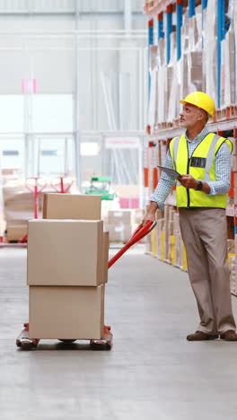 warehouse worker using digital tablet while checking packages