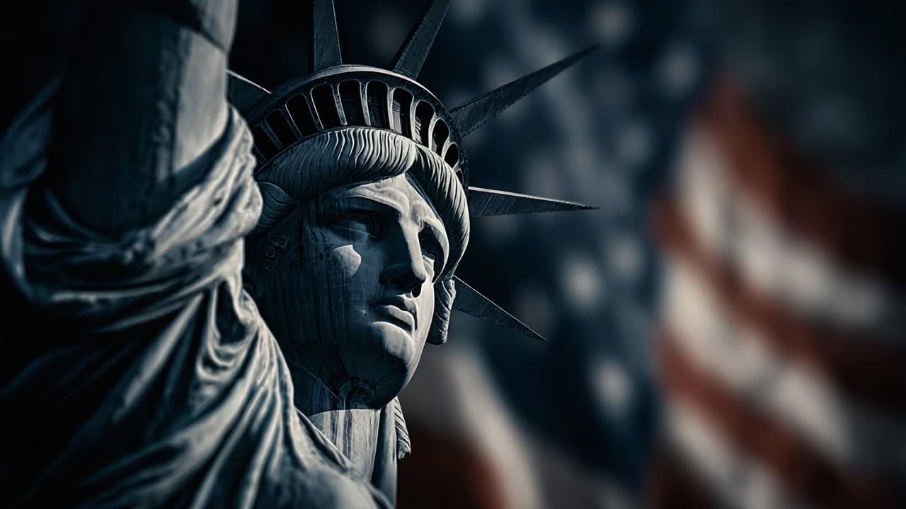 The Statue of Liberty Illuminated, Symbolizing Freedom and Justice Against the Background of the American Flag, Capturing the Essence of National Pride and Unity