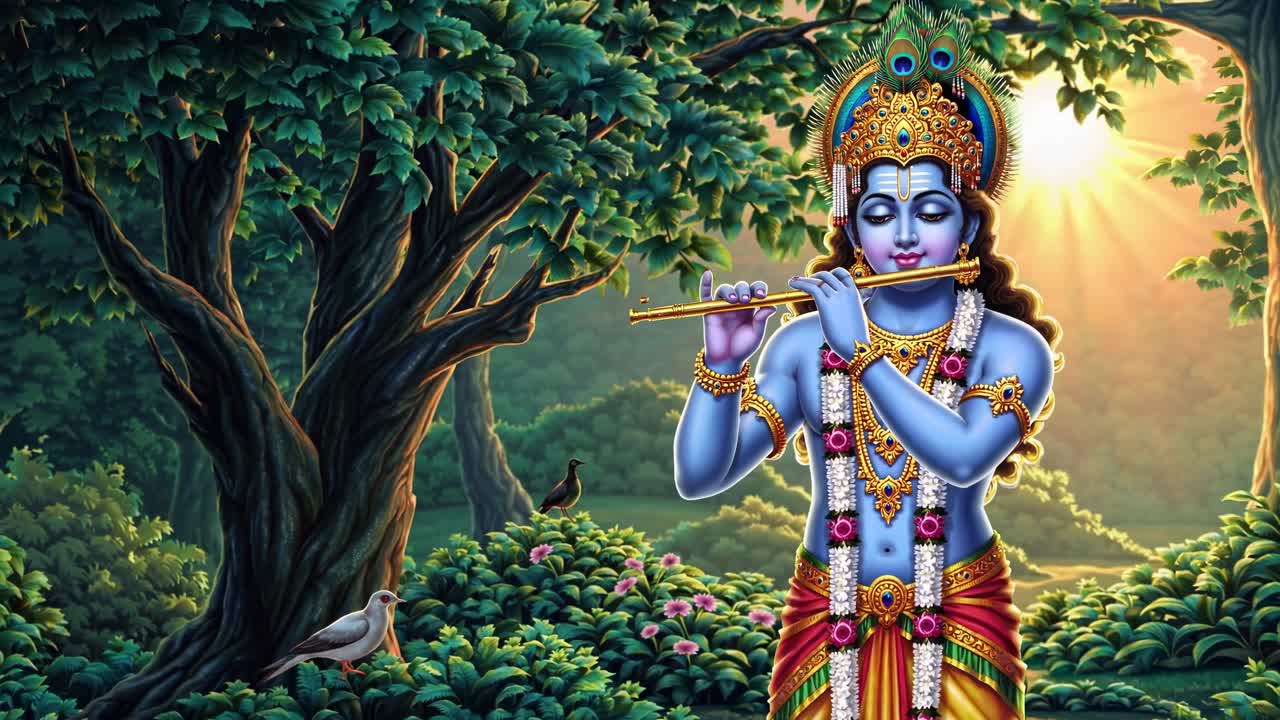 A vibrant video still of a deity playing a flute in a lush forest