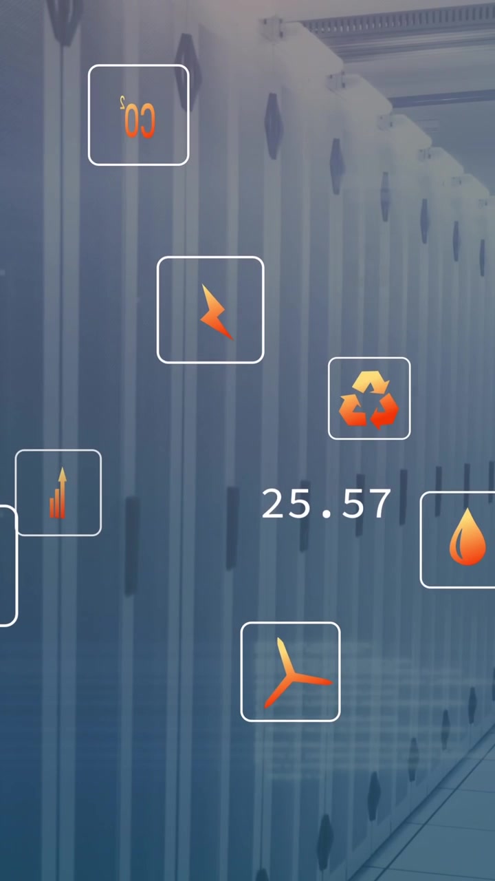 Animation of eco icons and data processing over computer servers