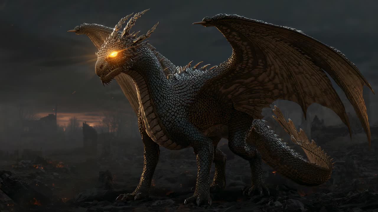 Camera zooming in on dragon amid ruins raising horned head, glowing amber eyes intensifying menace