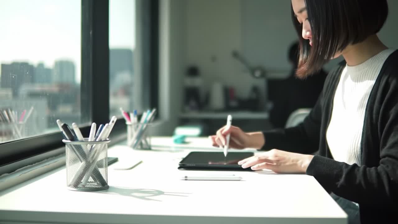 Focused Woman Working at a Bright Desk with Digital Tablet, Engaged in Creative Tasks and Surrounded by Organizational Tools in a Modern Workspace Environment