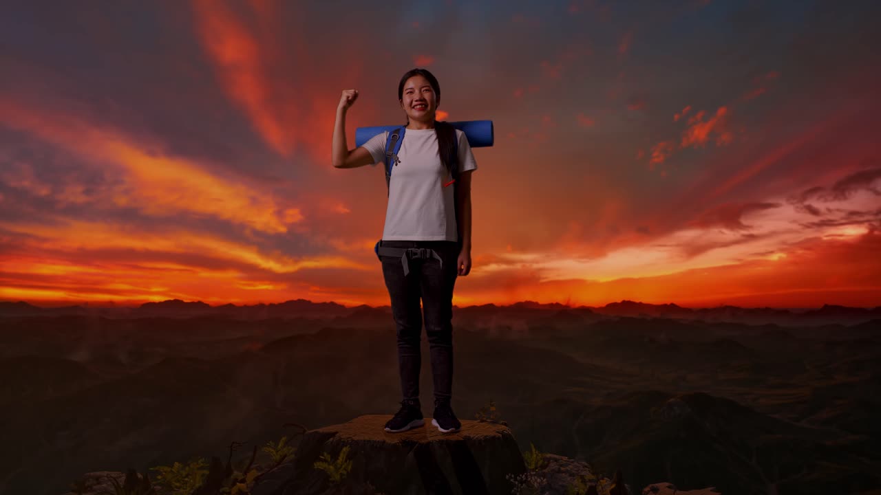 mujer celebrando el logro de la cumbre al amanecer