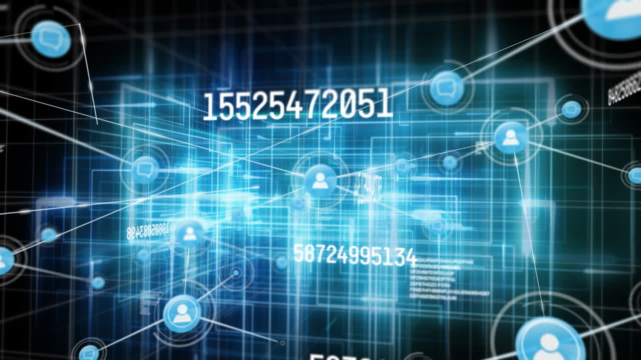 검은색 배경에 과학 데이터 처리에 대한 연결 웹과 아이콘의 애니메이션