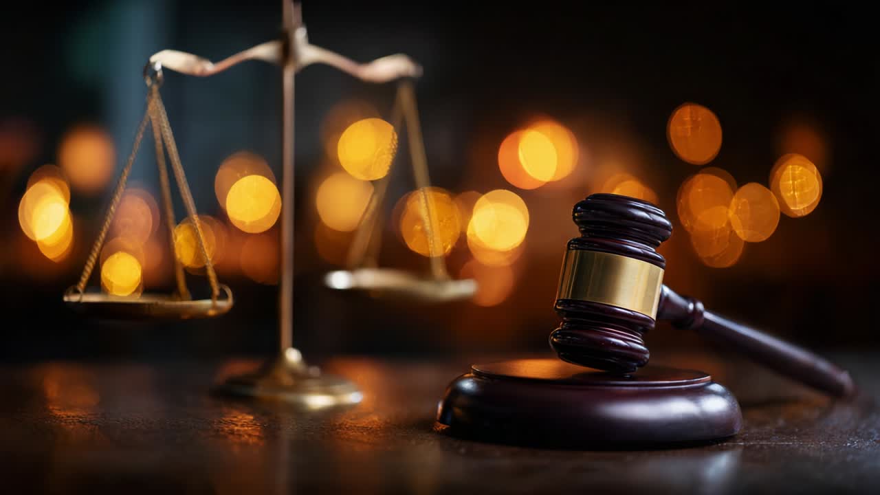 Uno sguardo ravvicinato ai simboli iconici della giustizia: il martelletto e la bilancia che rappresentano l'equità e il sistema legale, immersi in una calda luce per evocare un senso di ordine e autorità nelle aule di tribunale