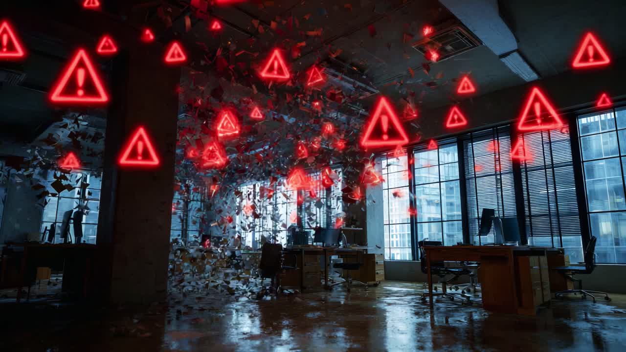 A Dystopian Office Environment with Red Warning Signs and Debris: An Artistic Depiction of Chaos and Disruption in a Corporate Workspace
