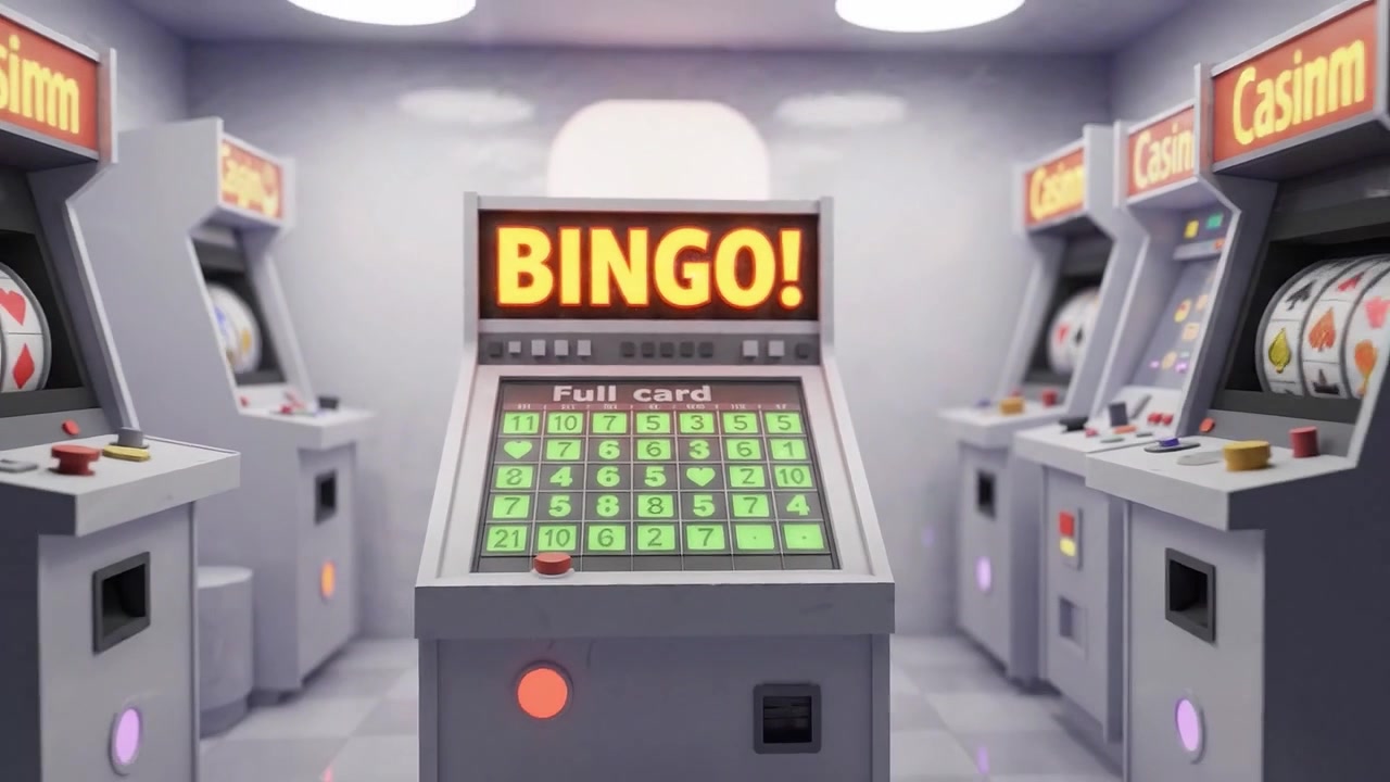 Allestimento Emozionante di Gioco del Bingo con Cartelle del Bingo Illuminate a Giorno e Slot Machine in un Ambiente di Gioco Vibrante per il Divertimento dei Giocatori Entusiasti.
