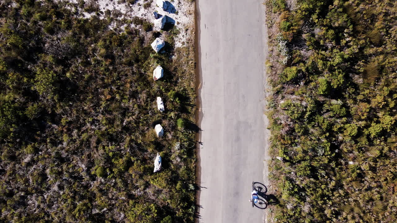 vista aérea de arriba mientras el ciclista de mtb circula por la carretera a través de la vegetación de fynbos