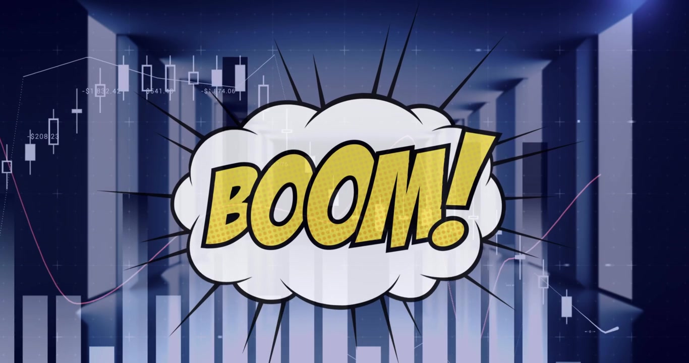 Animation of boom text banner and statistical data processing against computer server room