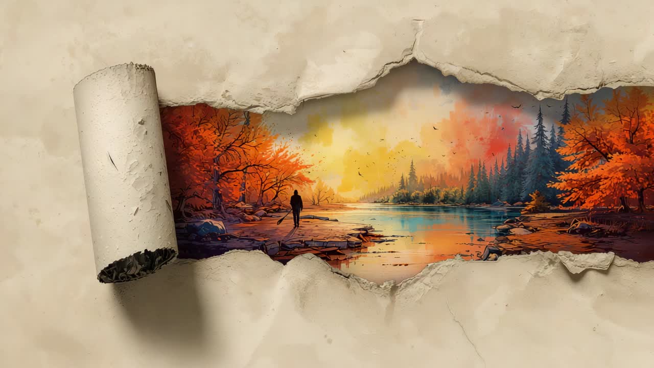 Revealing torn paper roll pulling back left, exposing painted autumn lake and lone figure in coat