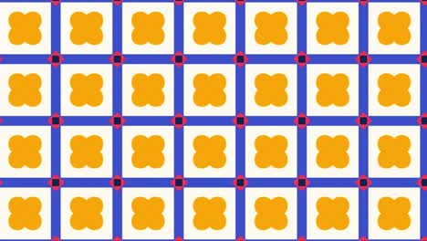 looped geometric animation featuring repeating orange clover shapes inside white squares framed by bold blue lines and red nodes perfect for slides textile motion or retro visuals