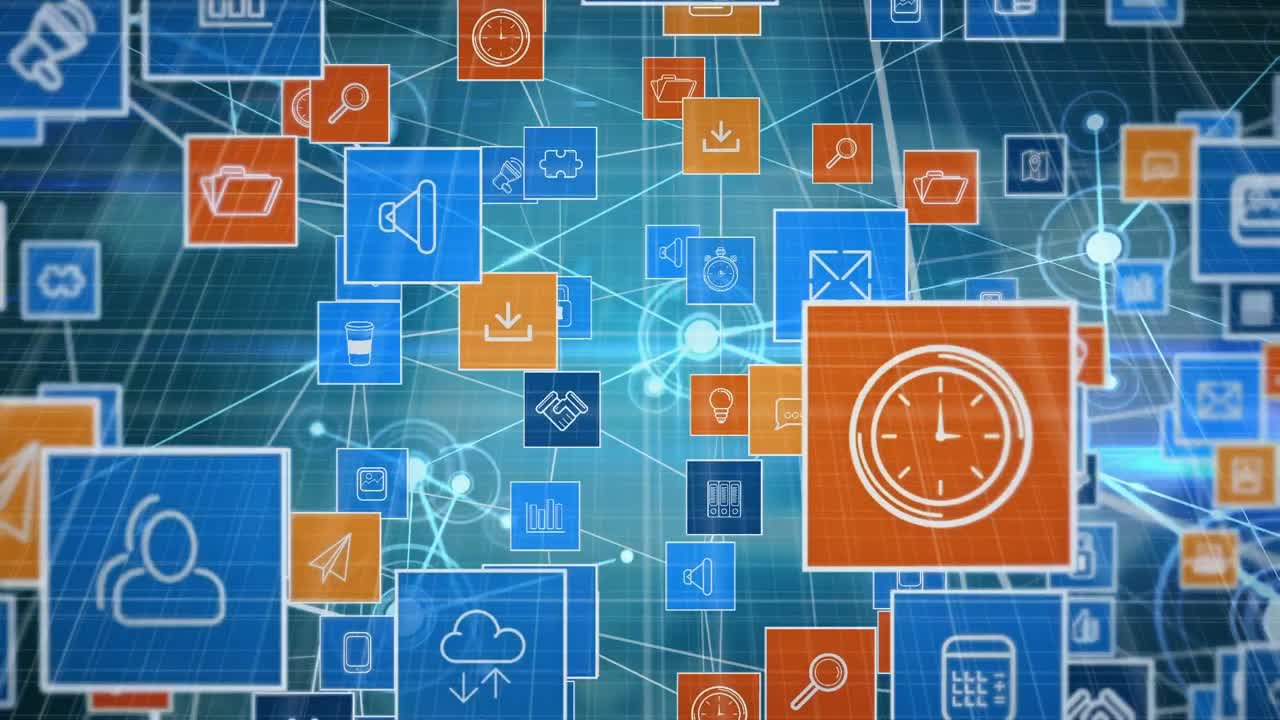 animación de la red de conexiones con iconos sobre fondo azul