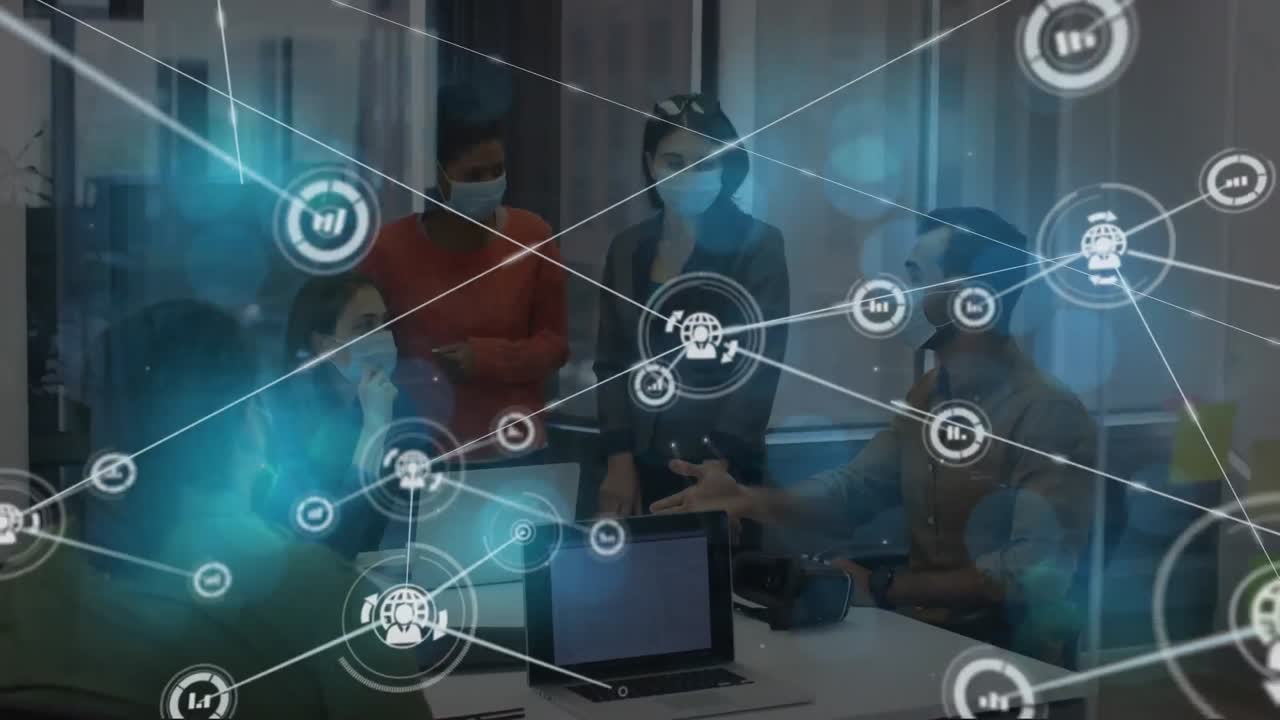 회의에서 얼굴 마스크를 착용한 다양한 사업가들에 대한 미디어 아이콘의 애니메이션