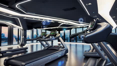 futuristic gym with high-tech treadmills and holographic displays