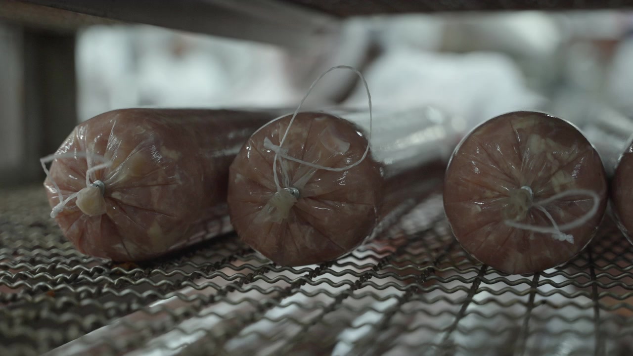 Plastic-wrapped sausage logs rest on a zigzag metal rack in a modern meat facility, low angle with shallow depth of field.