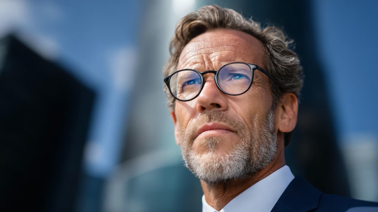 A Thoughtful Executive Reflects on Business Challenges Amidst Urban Landscape, Wearing Glasses and a Sharp Suit, Emphasizing Confidence and Determination