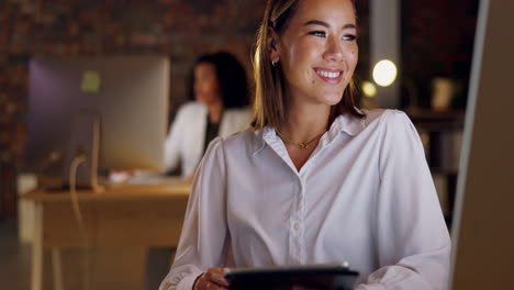 Tablet,-night-and-business-woman-with-smile