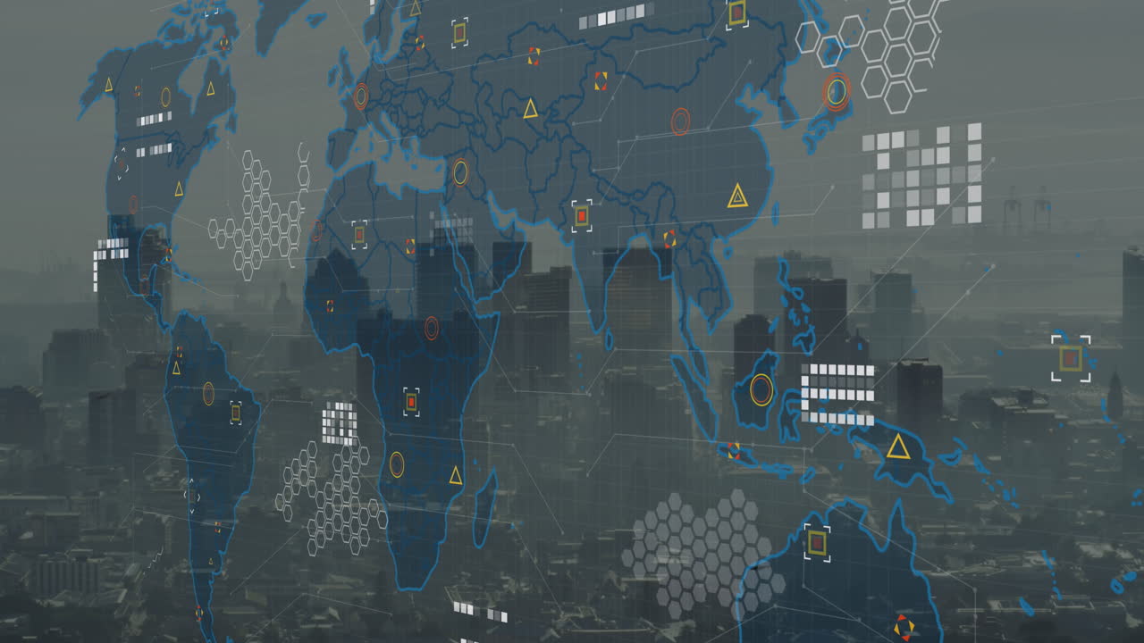 Animation of world map and data processing against aerial view of cityscape