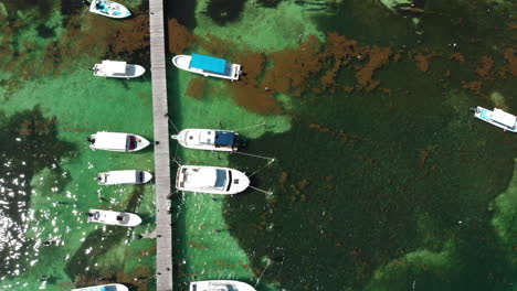 Vuelo-De-Drones-Sobre-Barcos-En-El-Océano-En-Playa-Del-Carmen,-México