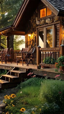 cozy wooden cottage surrounded by vibrant flowers at sunset