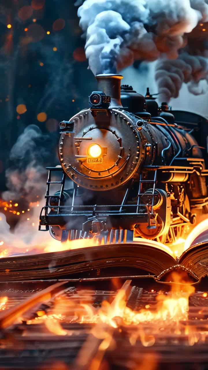 A train is on top of an open book, with smoke and steam coming out of the engine. The scene is dramatic and intense, with the train seemingly on fire. Concept of danger and excitement