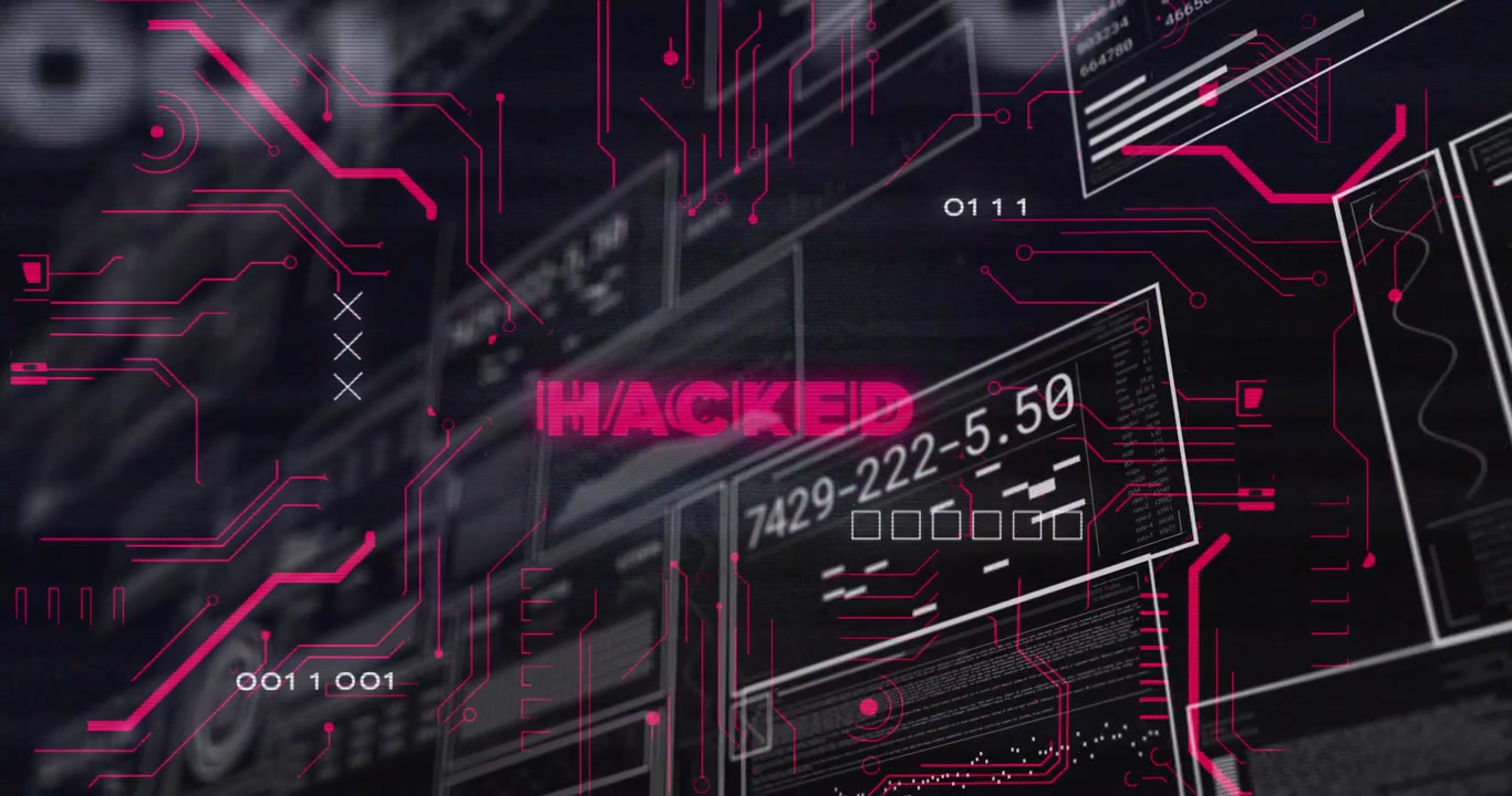 Glitching grid revealing HACKED label, panels shifting codes, circuits pulsing to signal breach
