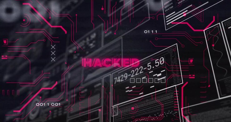 Glitching grid revealing HACKED label, panels shifting codes, circuits pulsing to signal breach