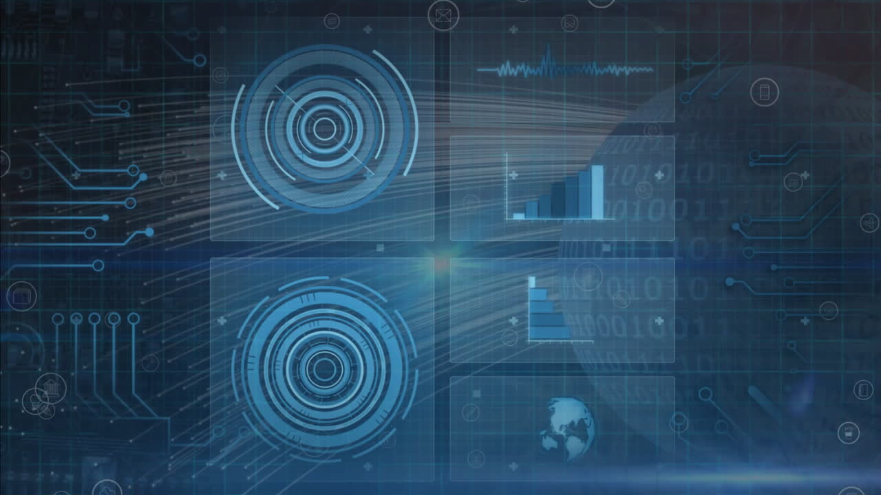 Animation of financial data processing over screens and globe