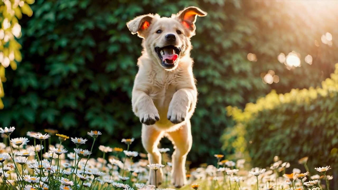 Golden retriever-valp som løper og hopper gjennom et felt med tusenfryd