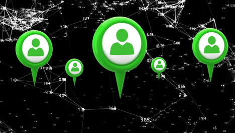 iconos de perfil en alfileres de mapa y líneas asimétricas