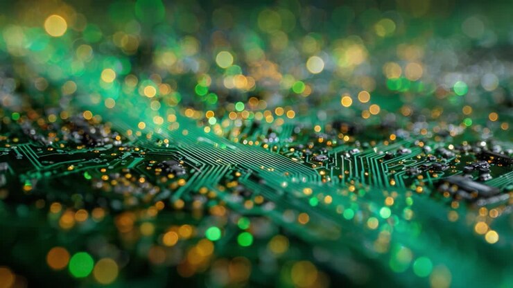 Uno sguardo mozzafiato nel cuore della tecnologia: primi piani di un circuito stampato con luci vivaci e motivi intricati che riflettono l'eleganza digitale