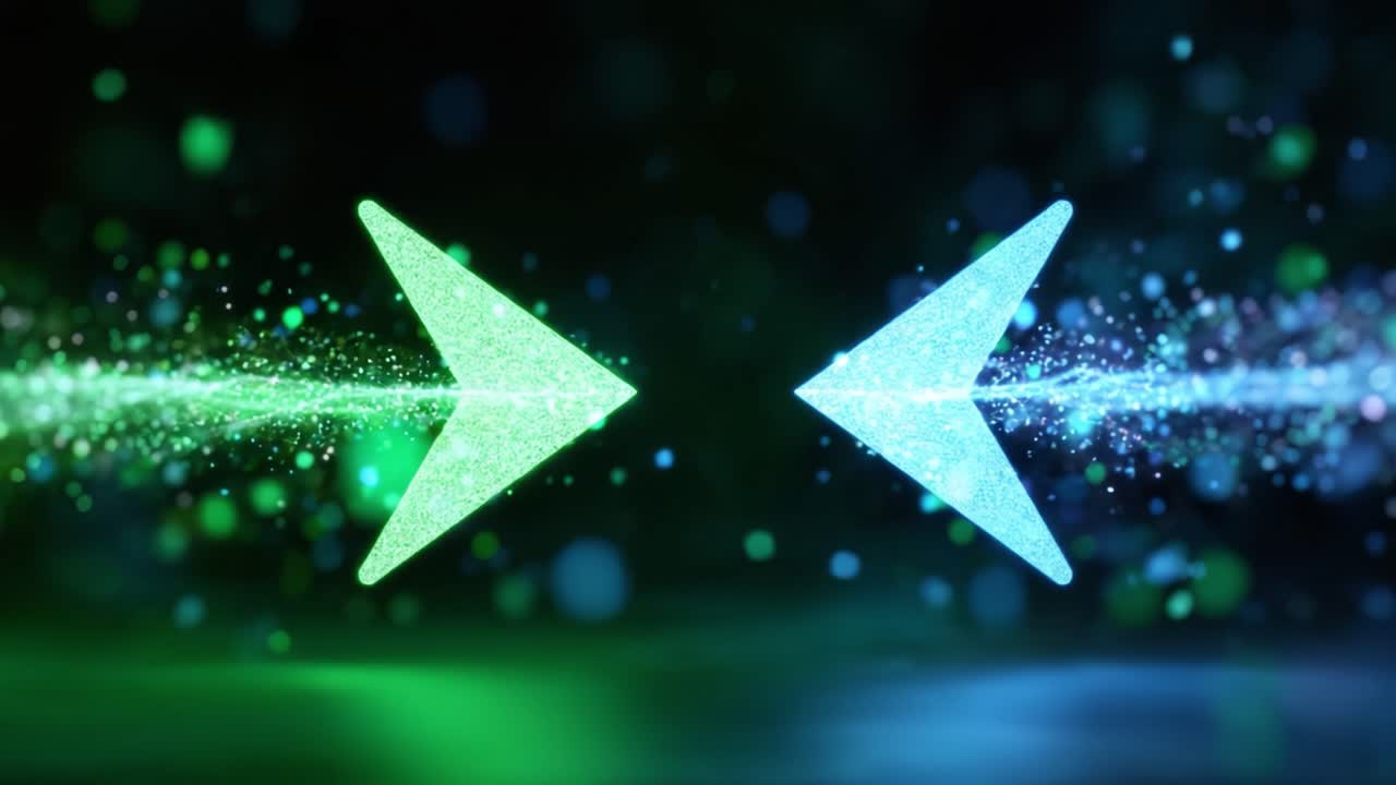 Dynamic Shimmering Arrows with Glowing Particles Transitioning Through Space, Showcasing Vibrant Colors and Energy Flow Between Two Points in a Digital Realm