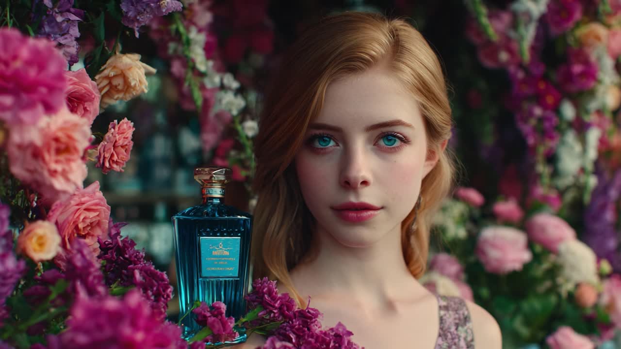 Un ritratto accattivante di una giovane donna circondata da lussureggianti composizioni floreali, che tiene elegantemente una bottiglia di profumo di lusso che aggiunge un tocco di glamour e fascino