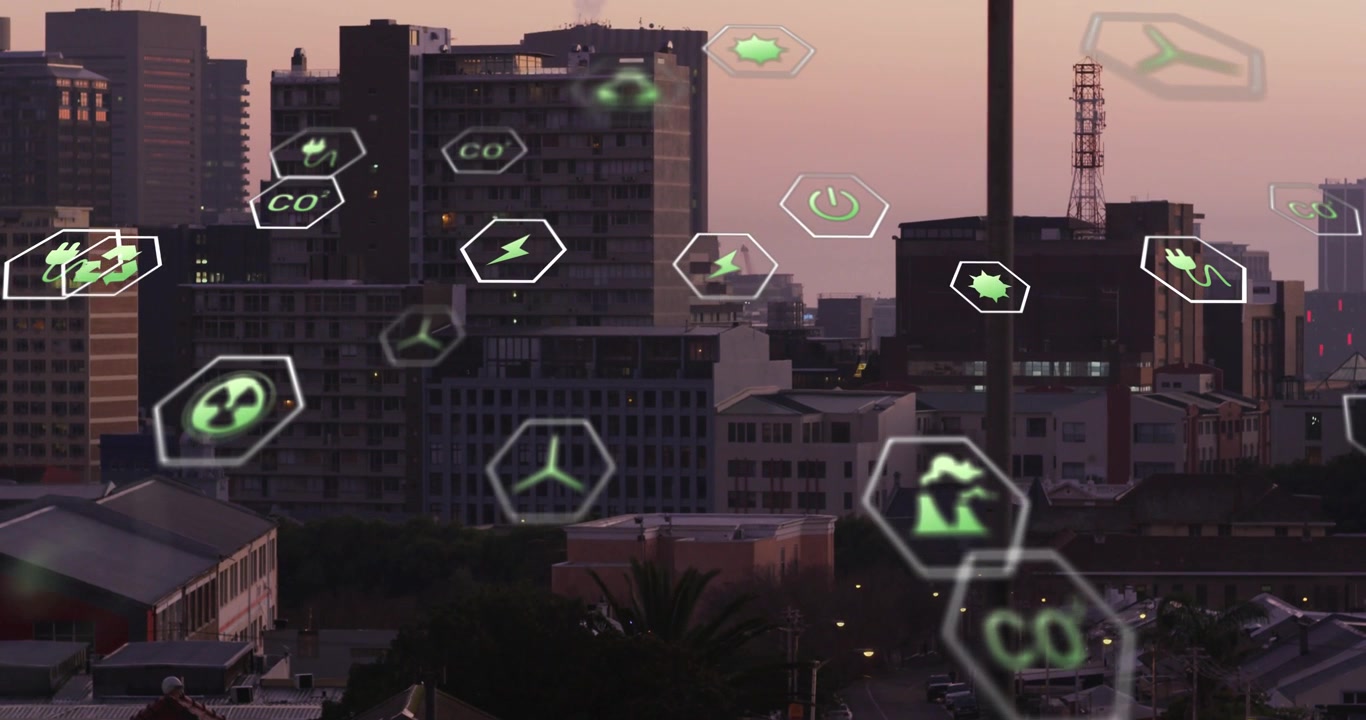 Animated environmental hex icons appearing over dusk skyline, drifting and showing city energy data
