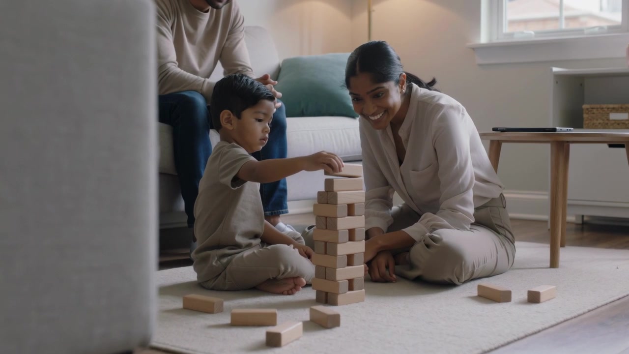 Reaching child placing wooden block, building tall tower at home, mother guiding in neutral clothes