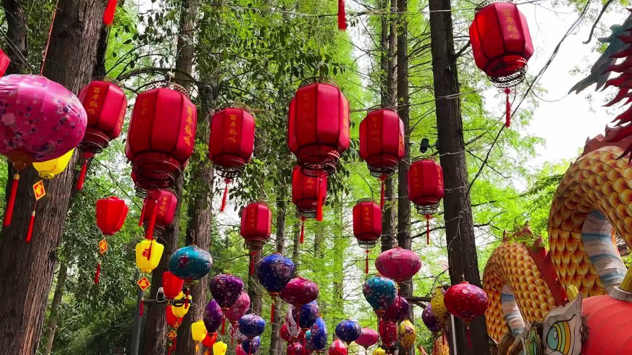 Multi-coloured vibrant lanterns hang over path in People's Park, chengdu, China