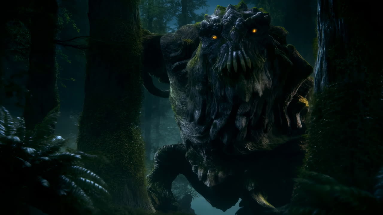 Mysterious Tree Golem with Glowing Eyes Lurking in a Dark Forest