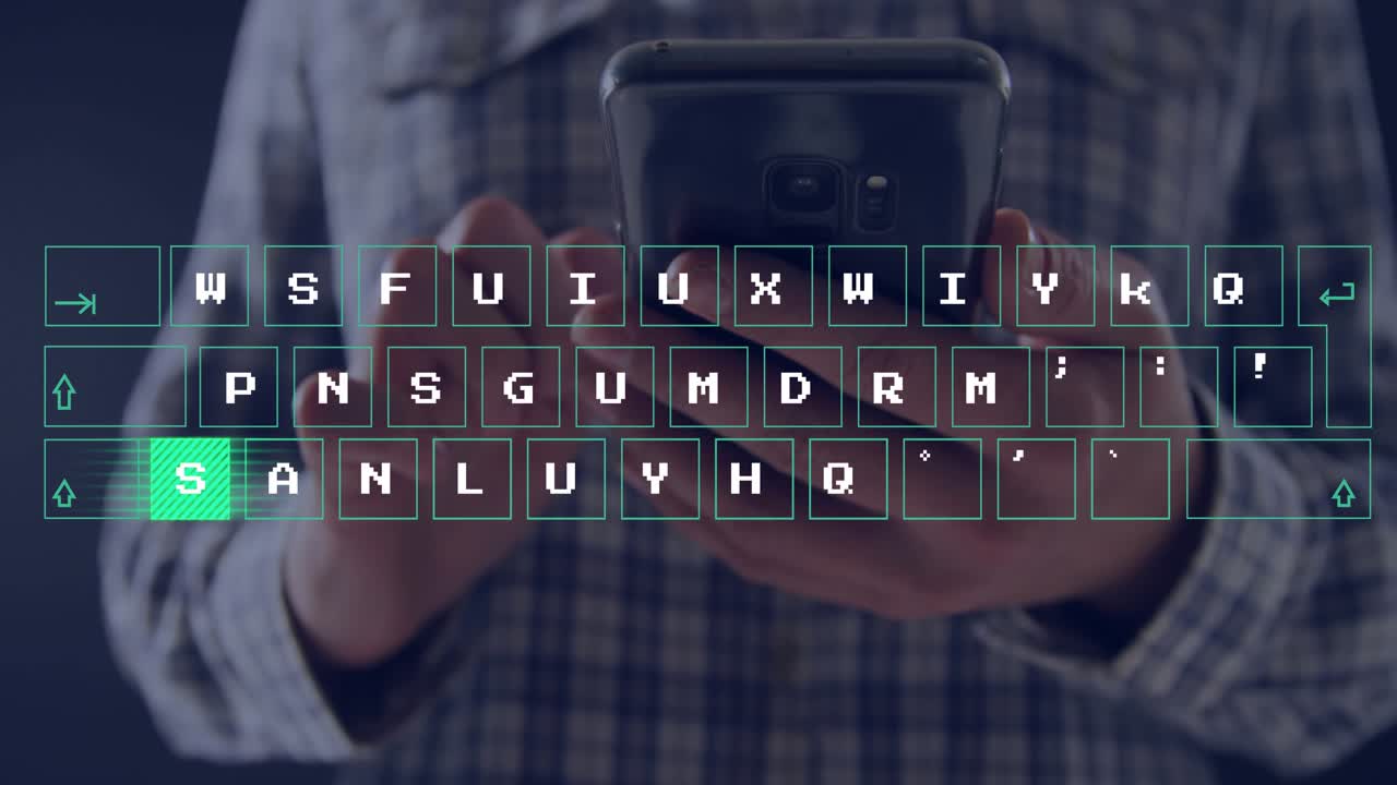 Man holding phone, thumbs typing causing clear keypad, green keys lighting uppercase rows for tech