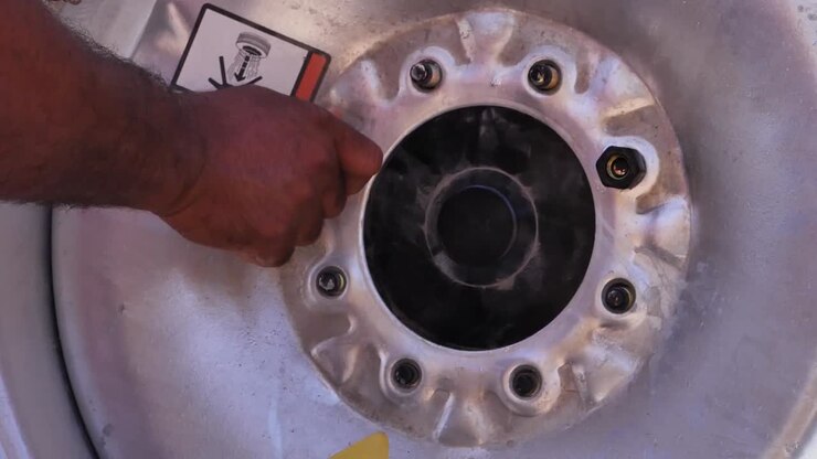 A man repairing the wheel of machine used for center pivot irrigation