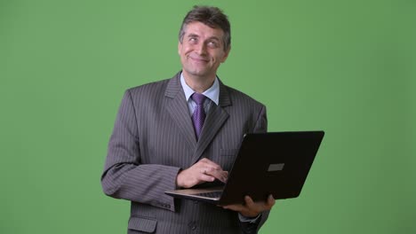 mature handsome businessman against green background