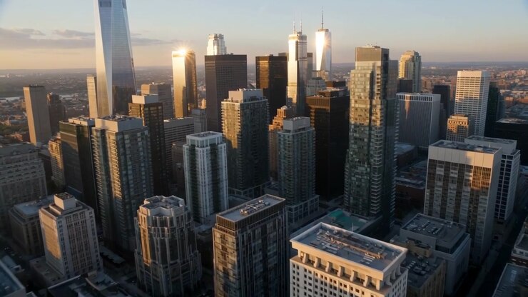 Vista oblíqua elevada atravessa o denso horizonte do centro da cidade durante a hora dourada, mostrando arranha-céus de vidro e aço agrupados acima de blocos comerciais e residenciais de média altura com luz solar quente.