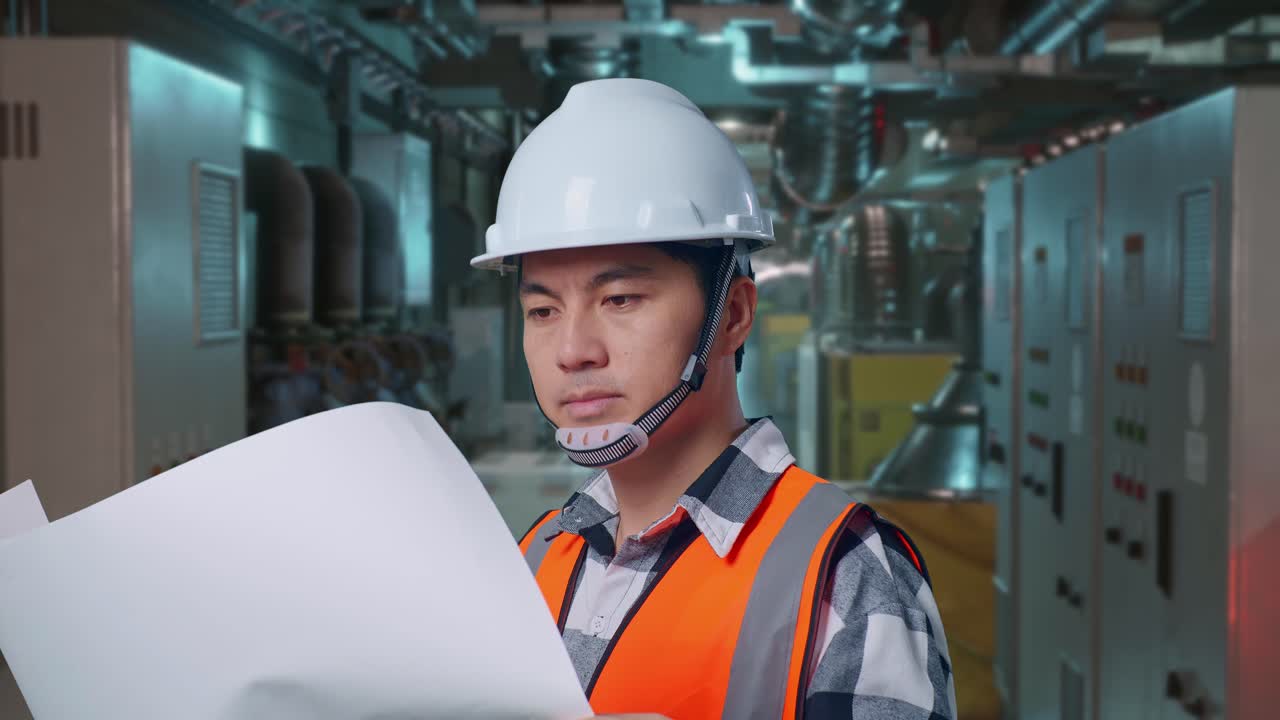 Close Up Side View Of Asian Male Engineer With Safety Helmet Looking At Blueprint In His Hands And Looking Around While Standing In Engine Control Room, Work Of Electrical Generators